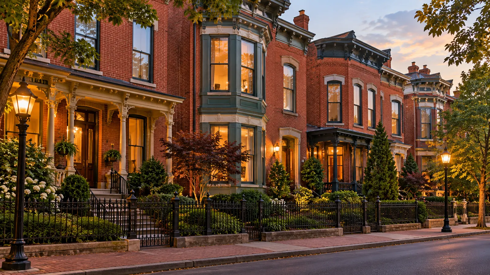 Narrow red-brick Victorian row houses with tall windows and iron fences, old street lamps, early evening