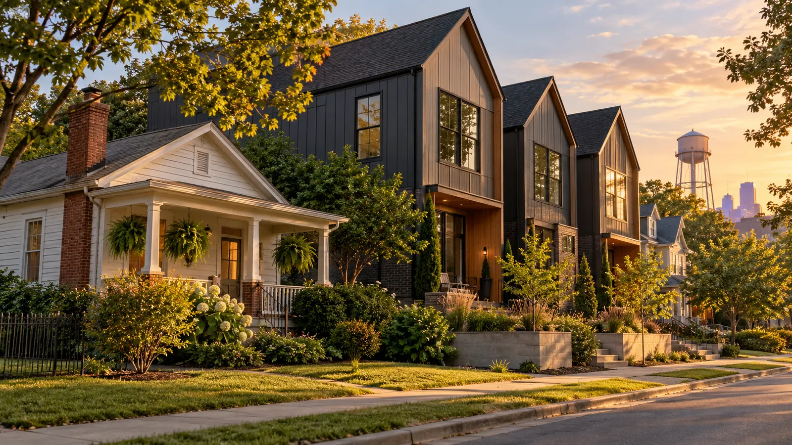Tall skinny new houses with dark siding standing next to an old one-story worker's cottage, a water tower far in the background with no writing