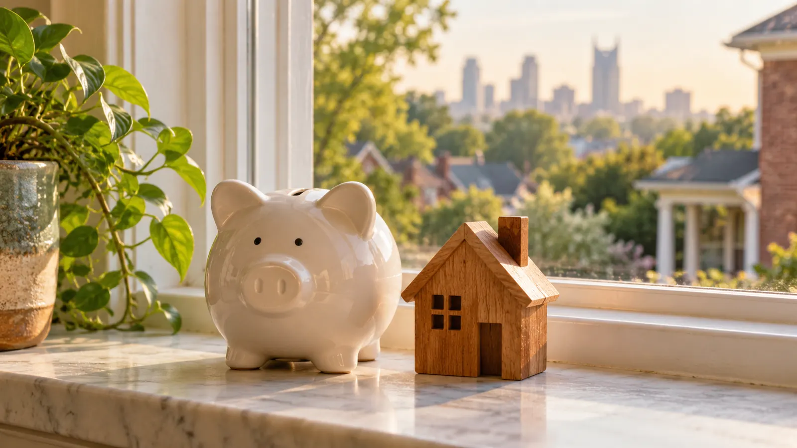 A plain ceramic piggy bank and a small wooden model house side by side on a kitchen windowsill, soft daylight