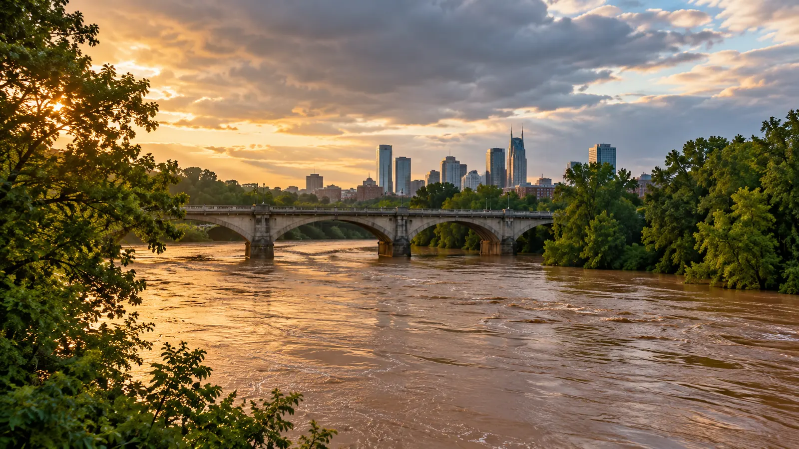 A wide brown river running high under a stone bridge after heavy rain, trees along the banks, grey sky clearing