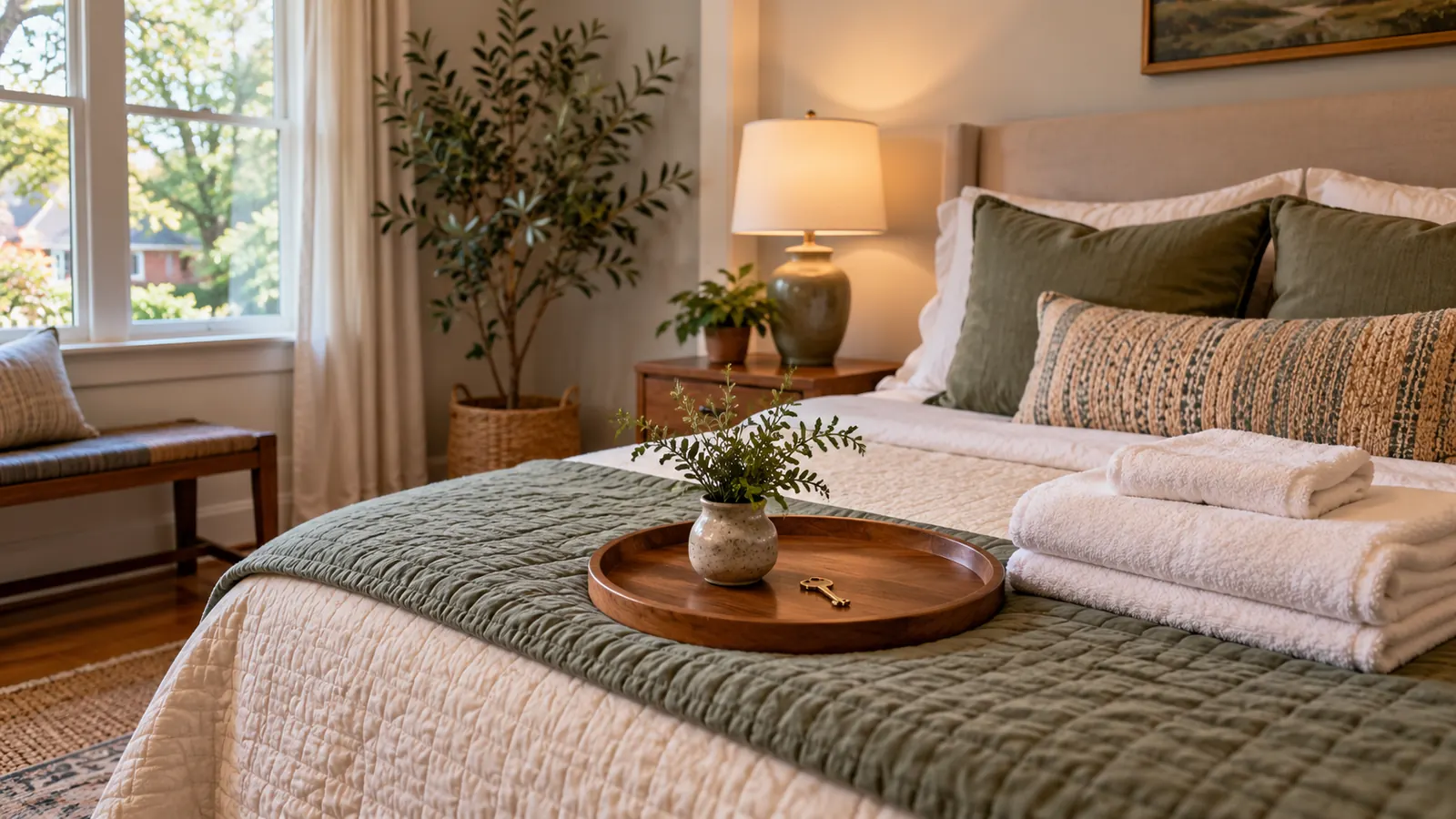 A neatly made guest bedroom with a quilt, a key on a plain wooden tray and folded towels on the bed